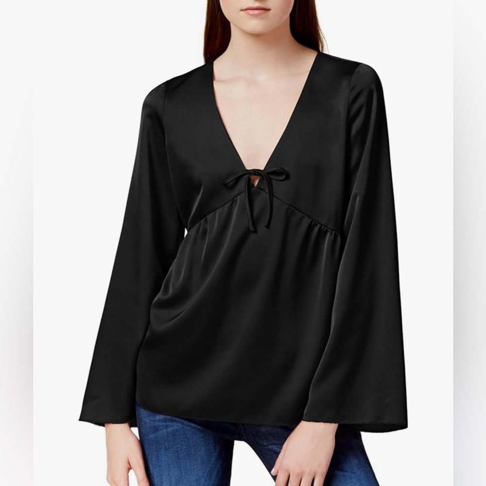 Kensie Top NWT Satin Feel Black Keyhole Empire Waist Long Sleeve Blouse XS